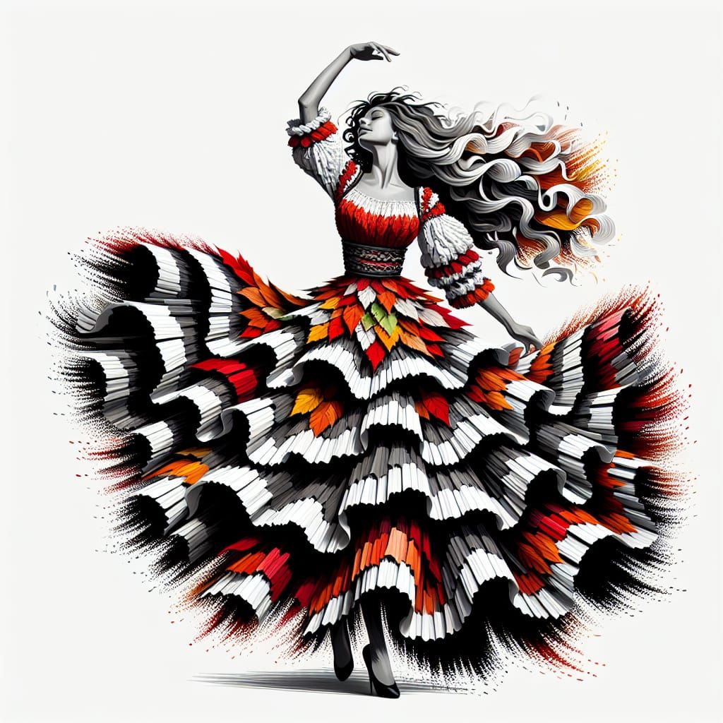 Dancing Romani Woman in Autumn Leaf Dress