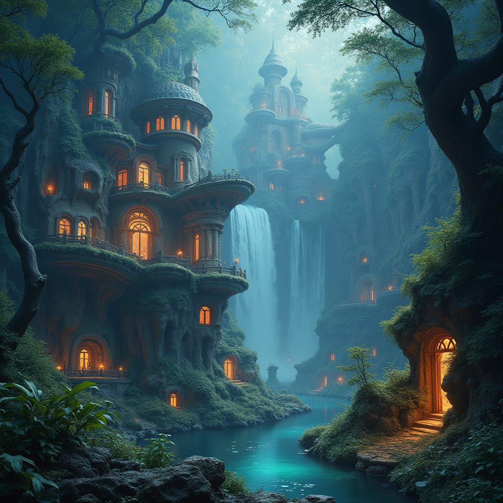 Mystical Fantasy Landscape with Ornate Architecture and Glow...