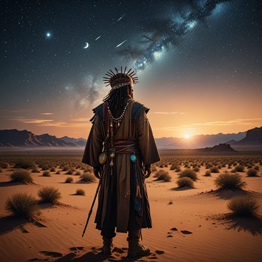 Shaman Under Starry Desert Sky, Impressionist Masterpiece