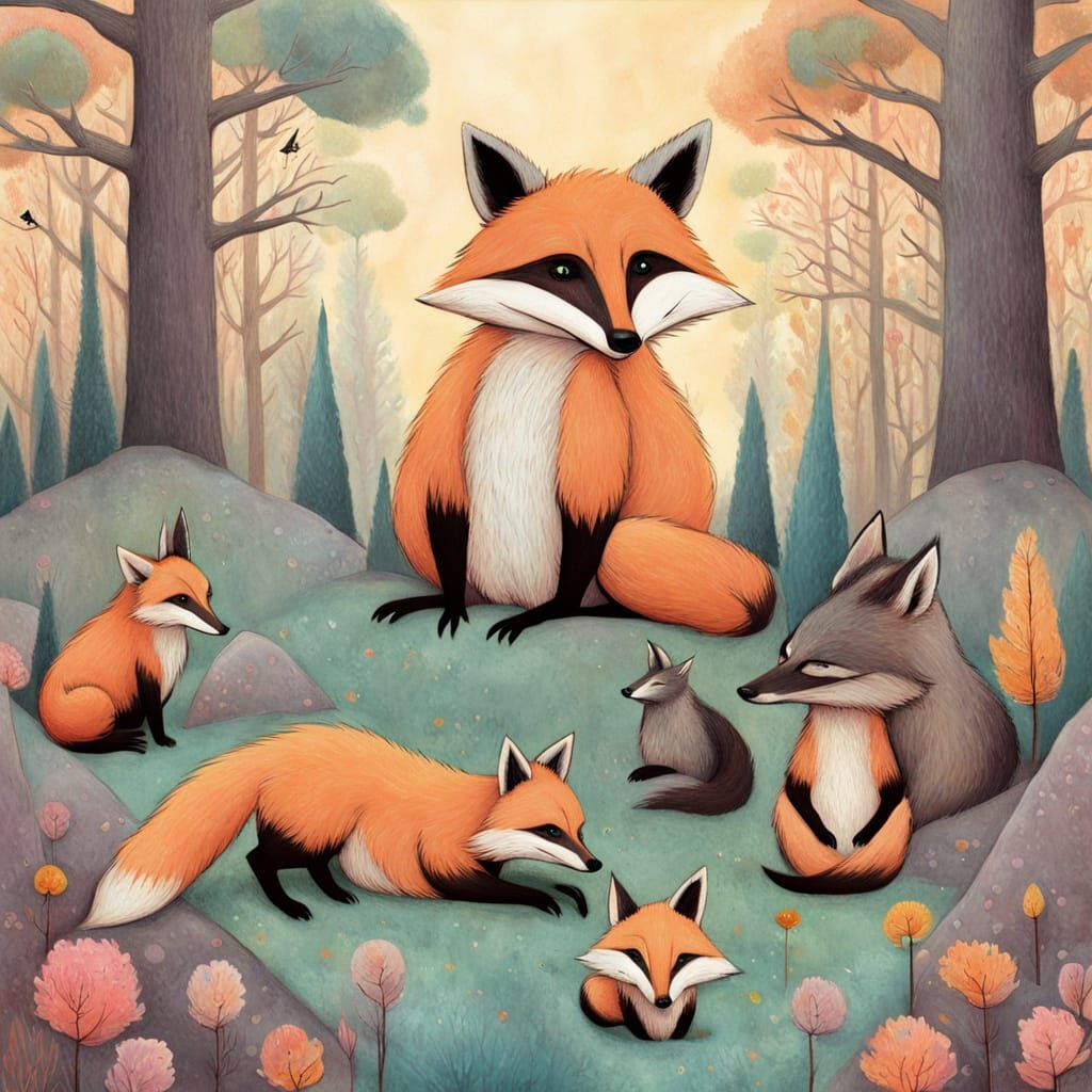 Charming Raccoon and Fox Family in Pastel Colors