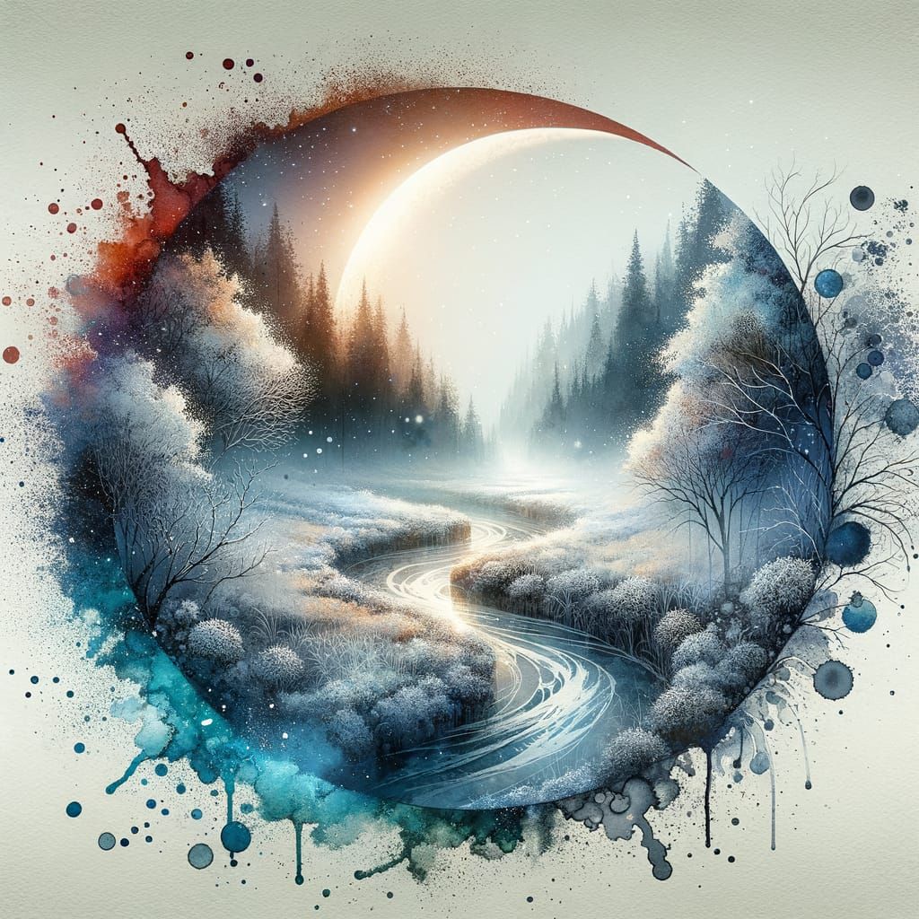 Moonlit Winter Vale in Watercolour and Ink