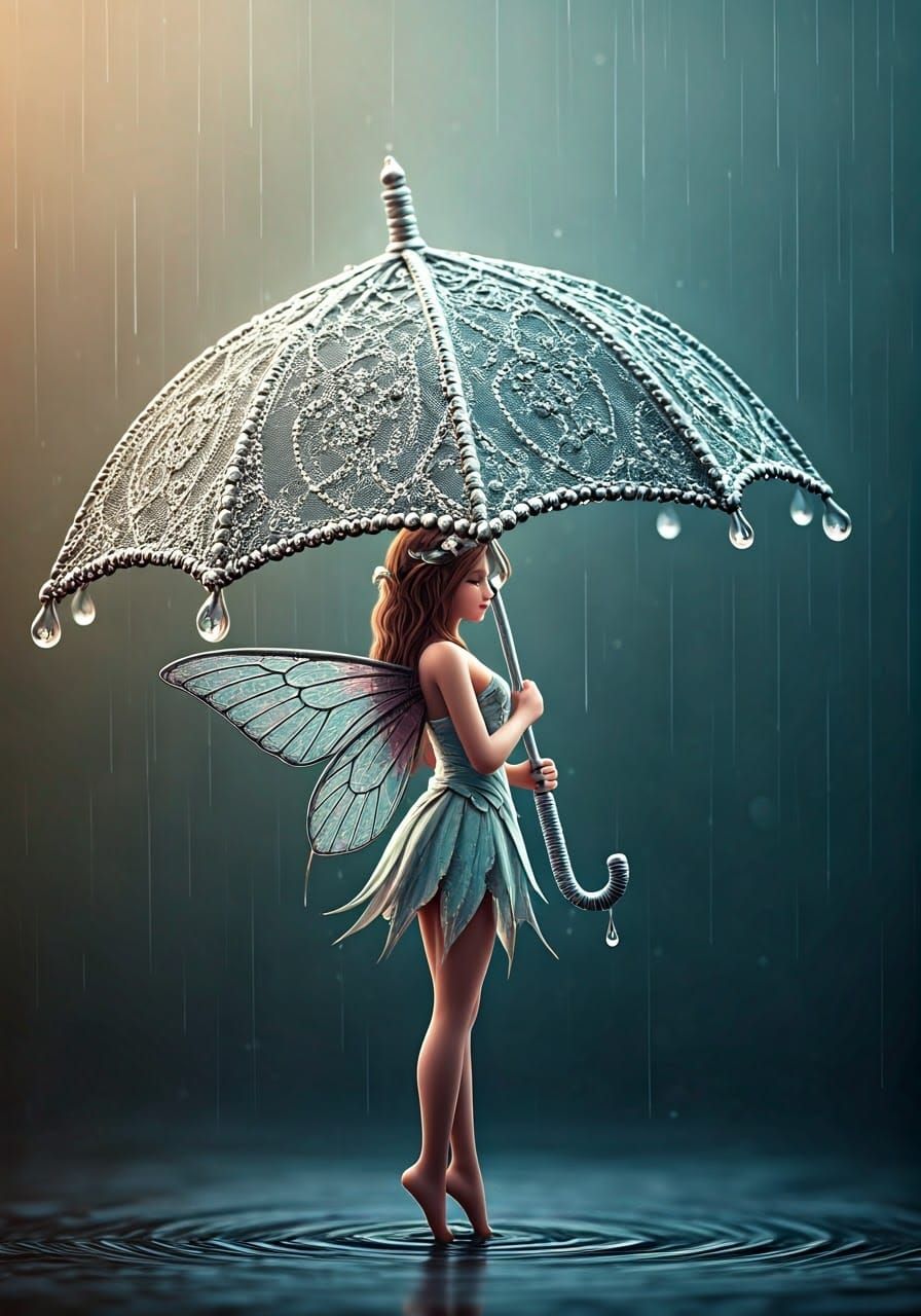 Ethereal Fairy Under Filigree Umbrella Amidst Rainy Mist