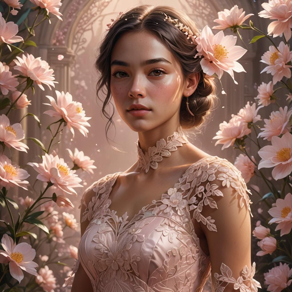 Model in Light Pink Dress Holding Flower