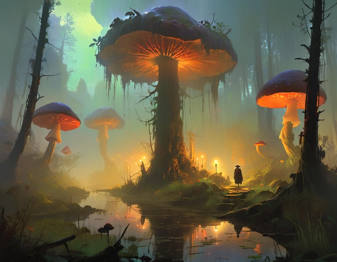 Eerie Pixel Art Swamp with Giant Mushrooms