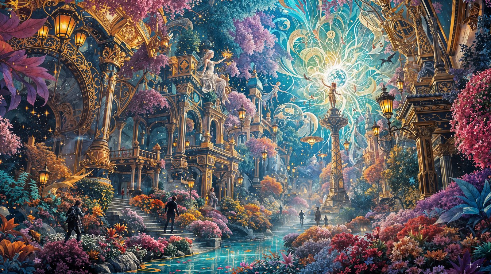 Vibrant Fantastical Cityscape in Opulent Art Nouveau Style