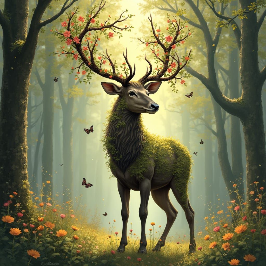 Majestic Floral Stag in Sun-Dappled Forest