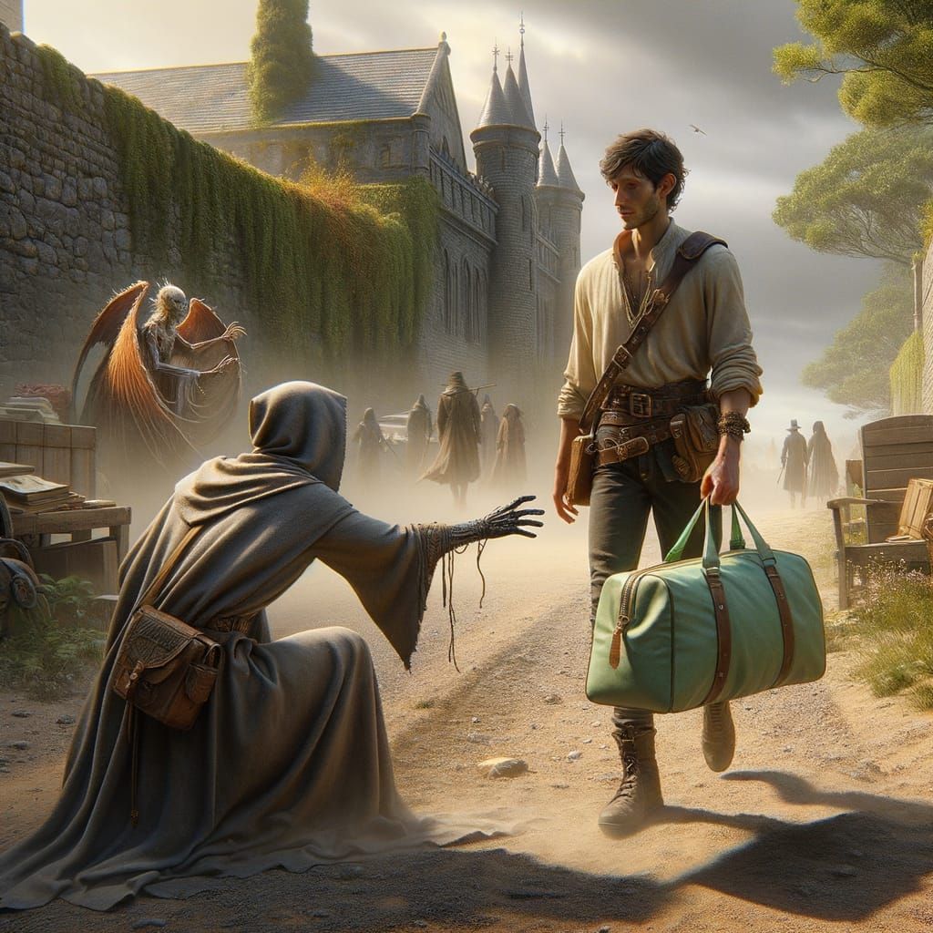 Mysterious Encounter on Dusty Road in Fantastical Matte Pain...