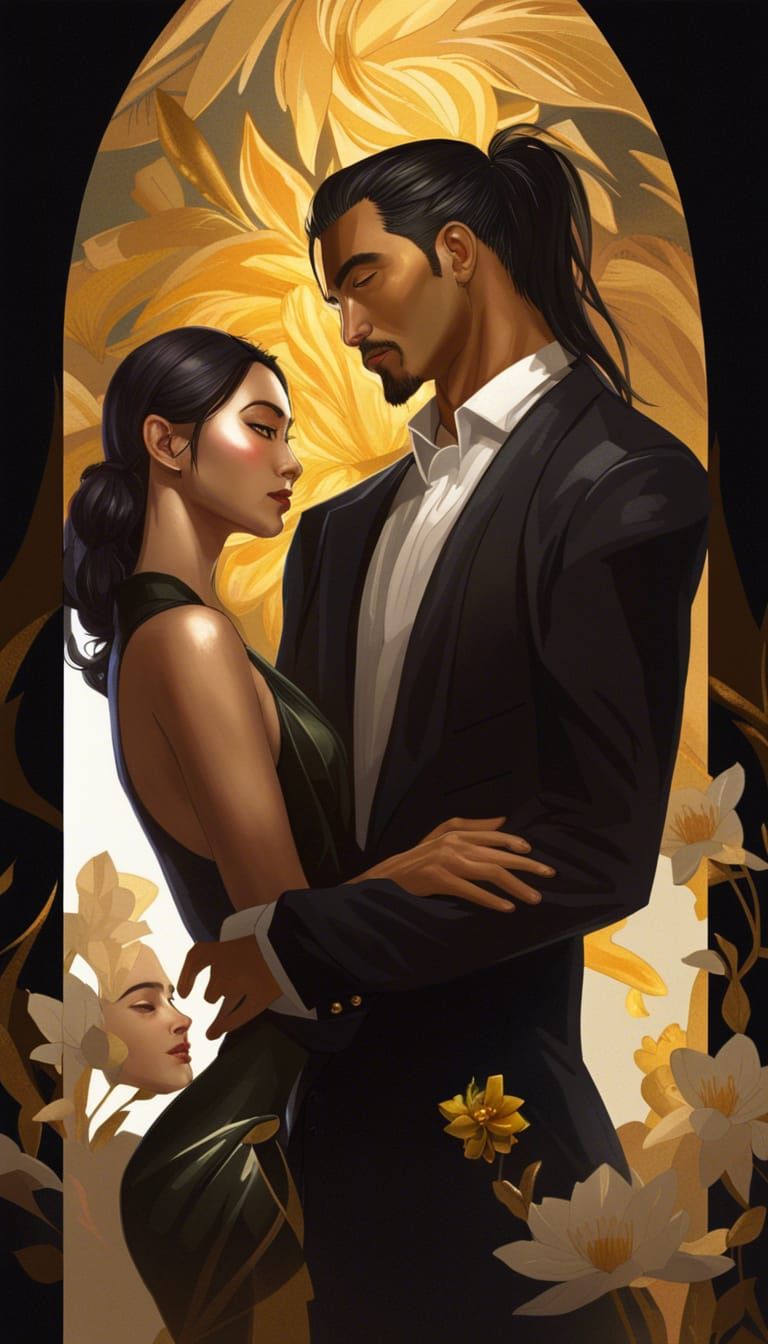 Romantic Portrait of a Mixed Couple in Art Nouveau Style