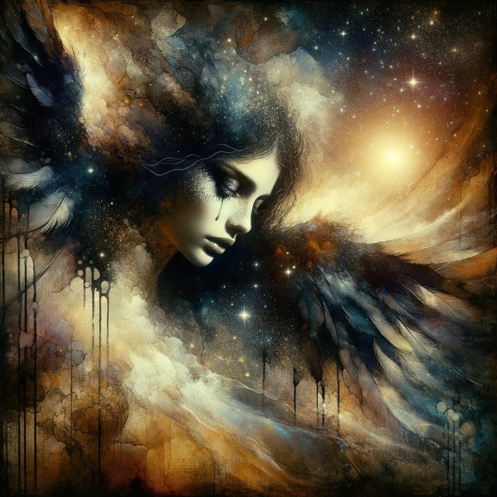 Ethereal Weeping Woman in Starlit Forest