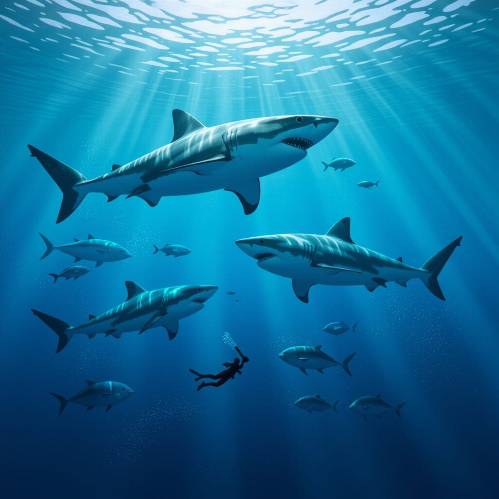 Sharks Hunting People Underwater: Digital Matte Painting