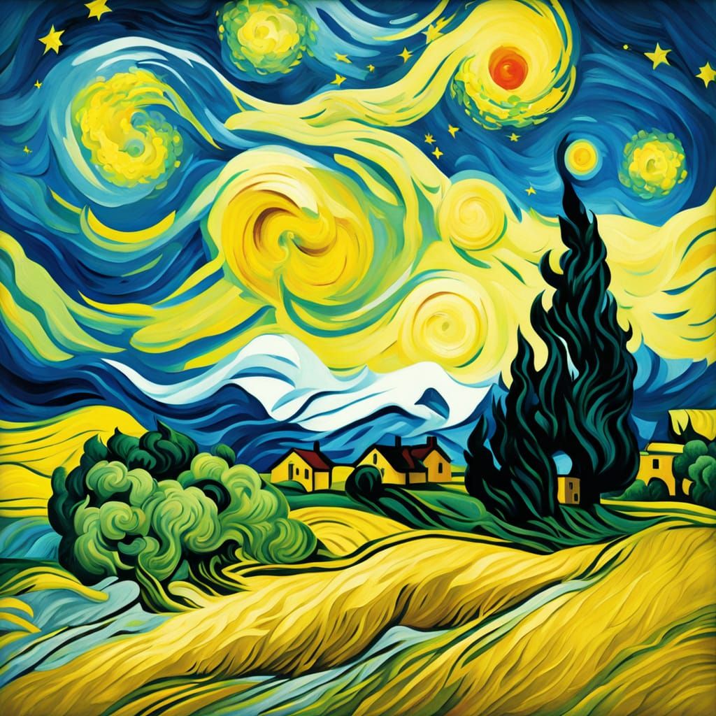 Van Gogh Style Landscape with Swirling Sky