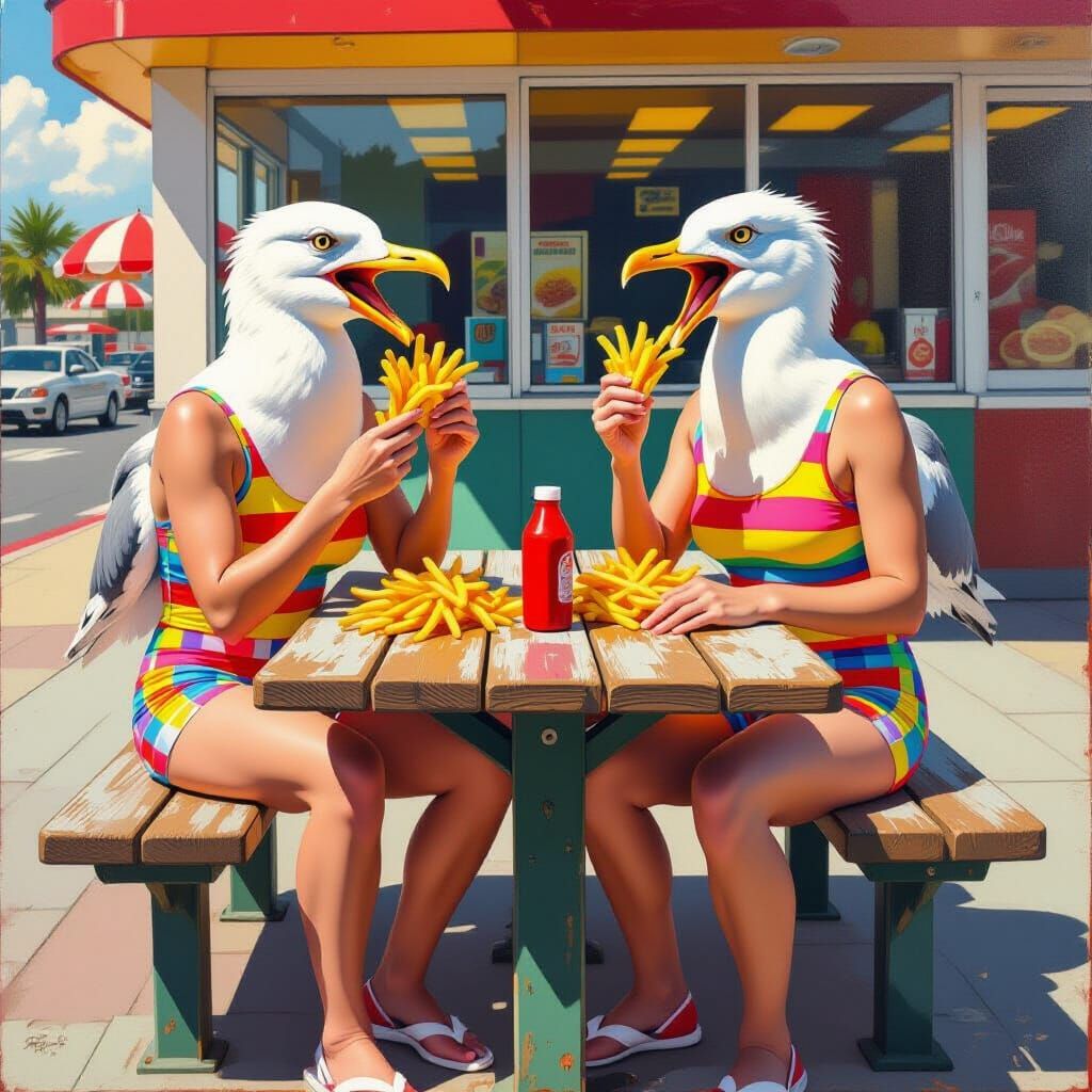 Seagulls Enjoying Fries as Hockney-Inspired Digital Art