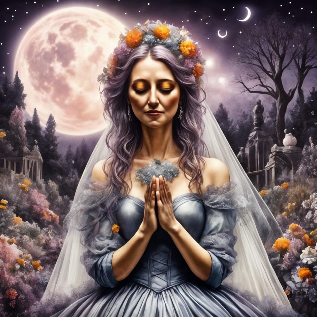Pastel Rainbow Garden Woman Praying Under Moonlight