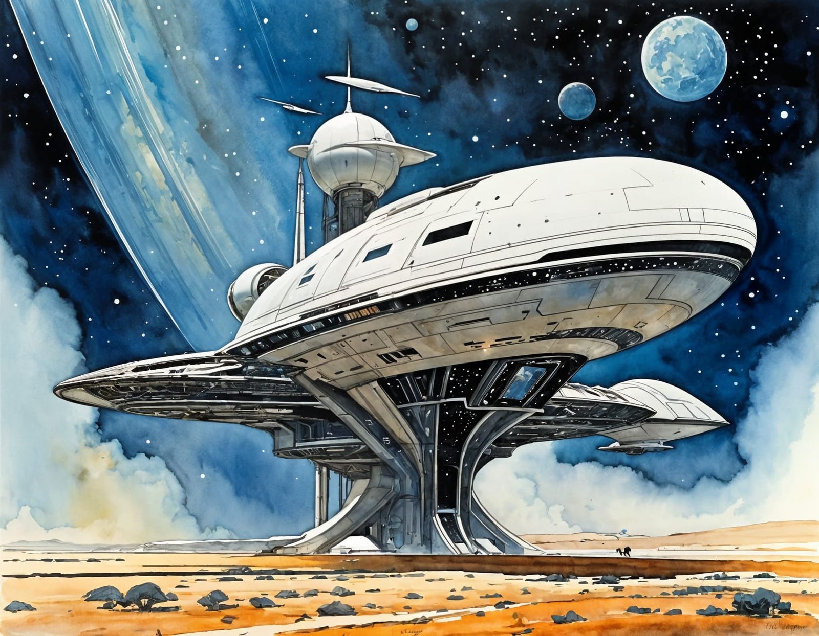 Moebius-Inspired Starship in Cosmic Watercolor