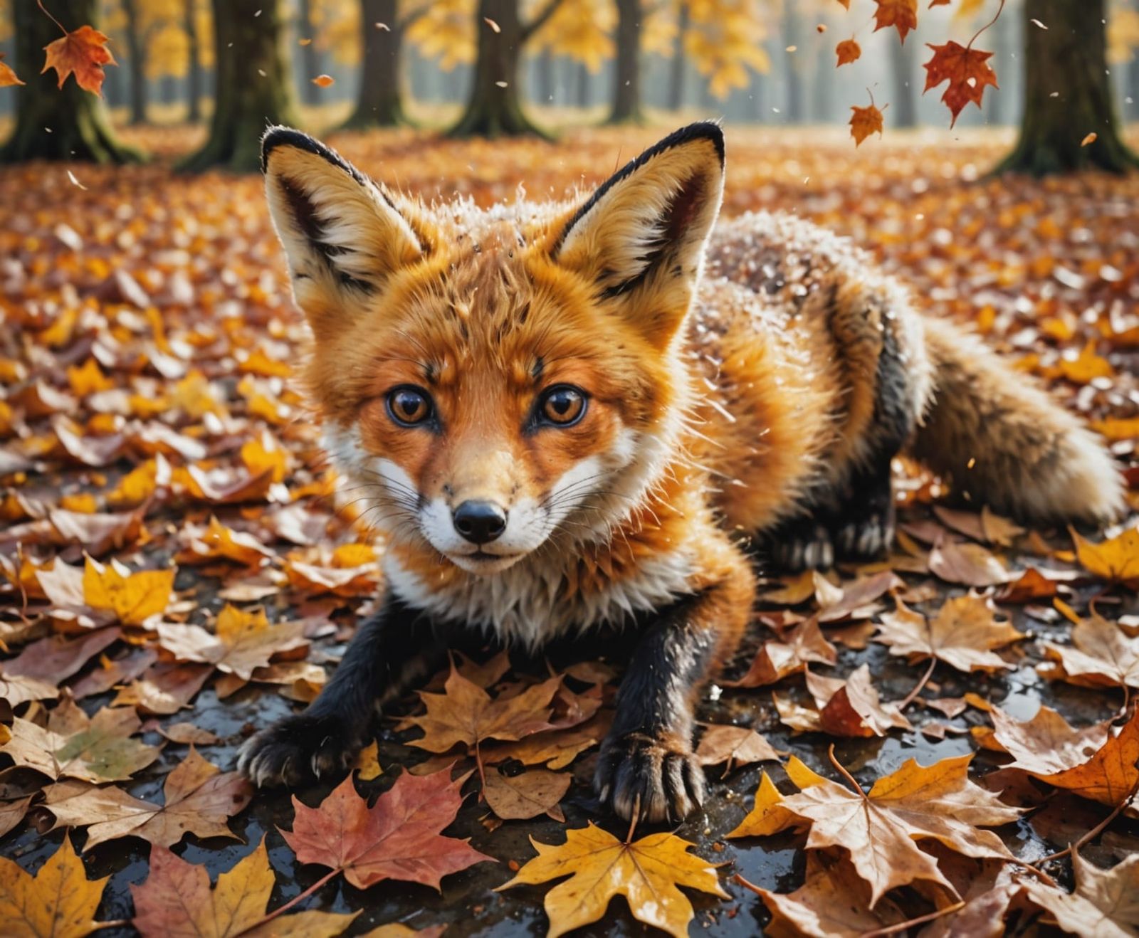 Cute Fox Kit Joyfully Dives into Autumn Leaves
