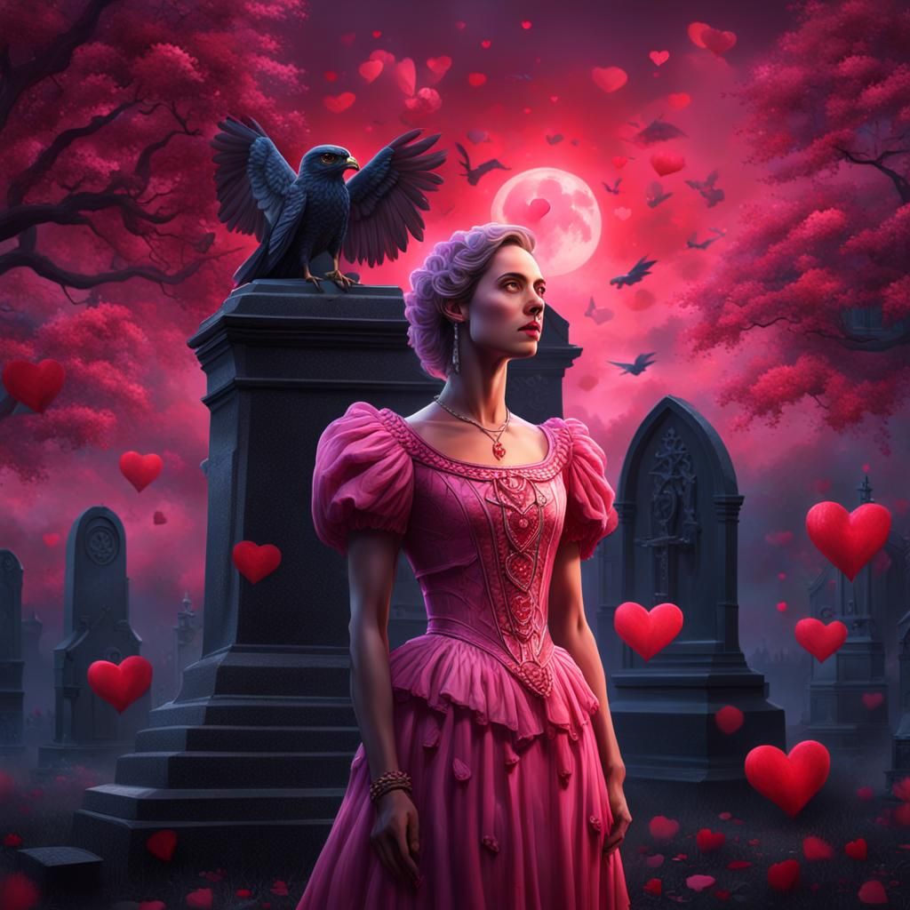 Lady Hawk in Cemetery: Oil Painting with Red Hearts