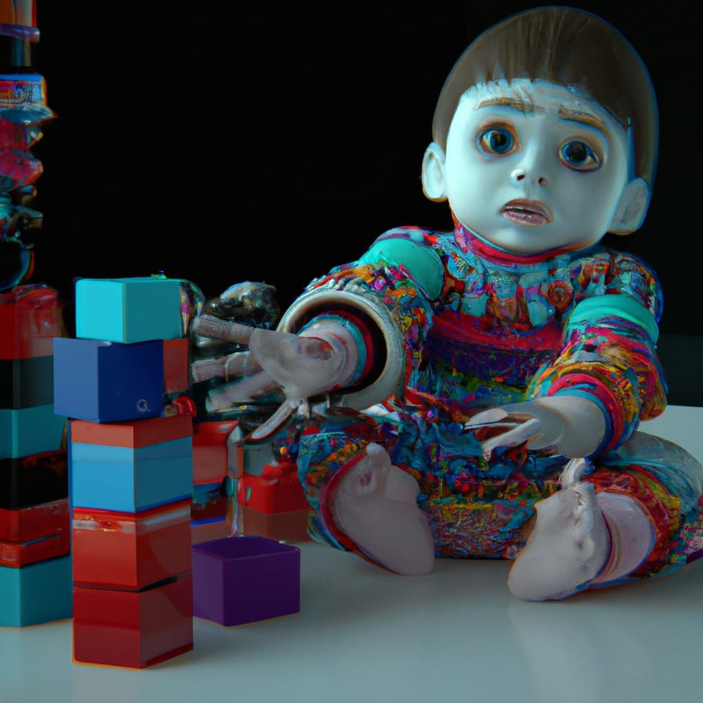 Creepy Cyberpunk Cyborg Baby Playing with Toy Blocks
