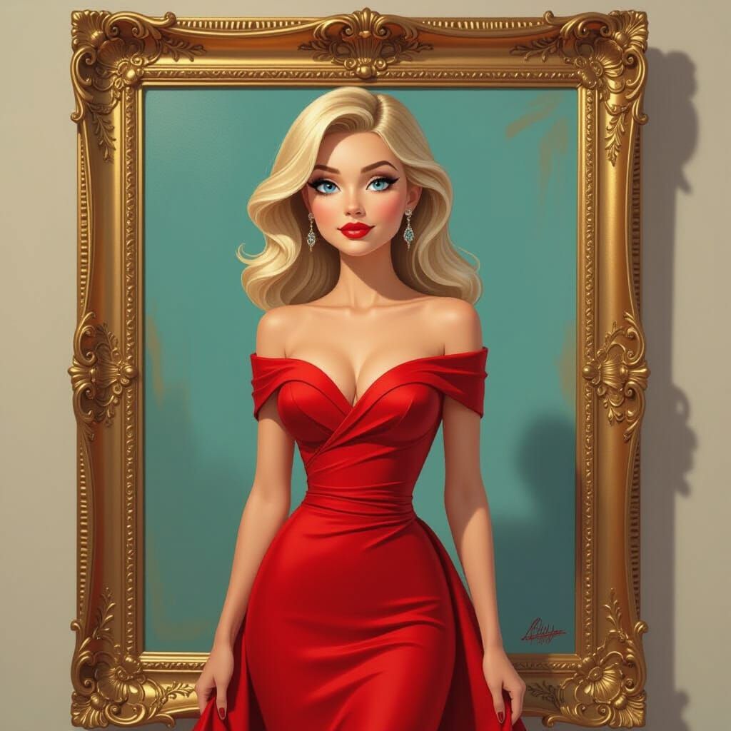Blonde Woman in Red Dress, Pixar Style