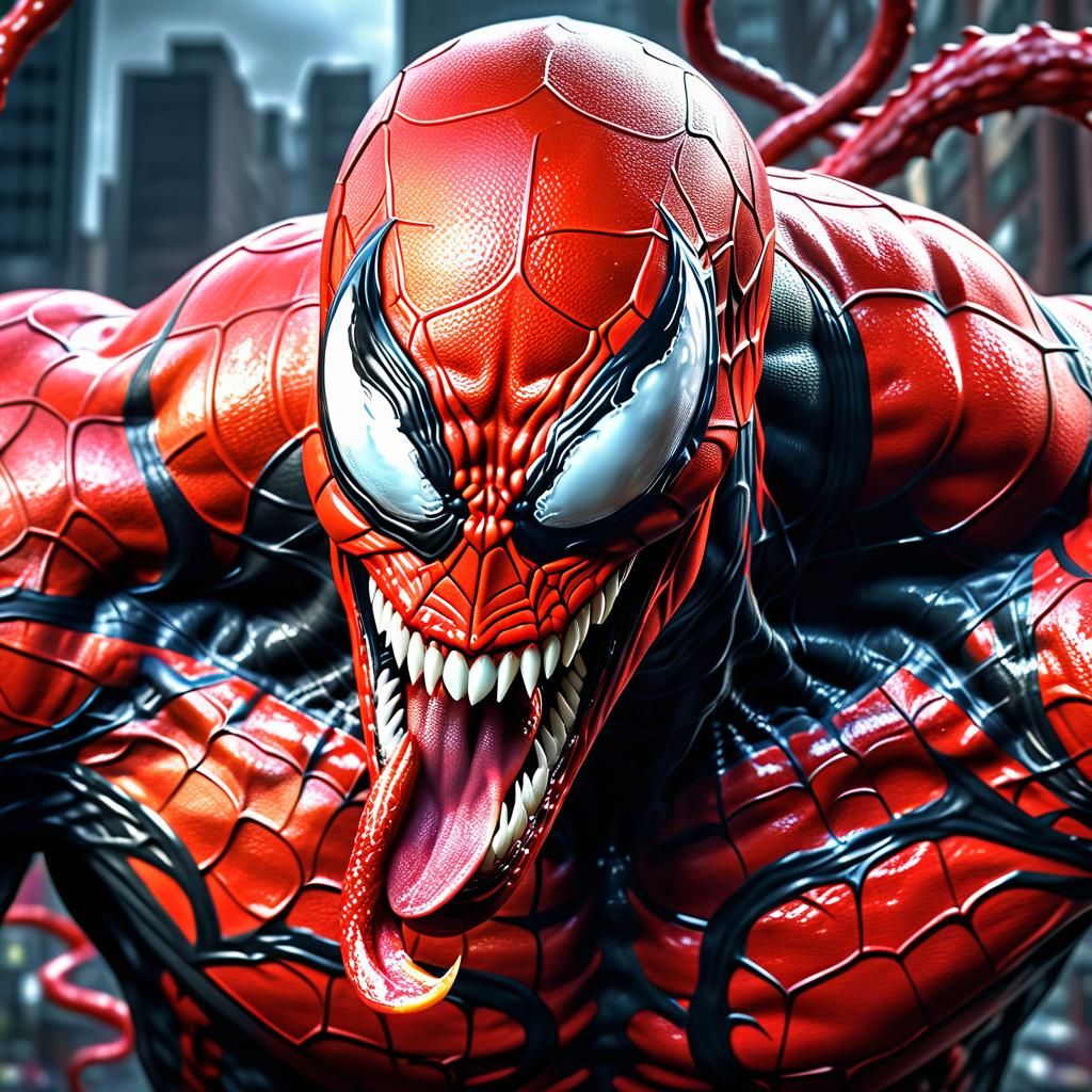 Hyperrealistic Red Venom Symbiote in Splash Art Style