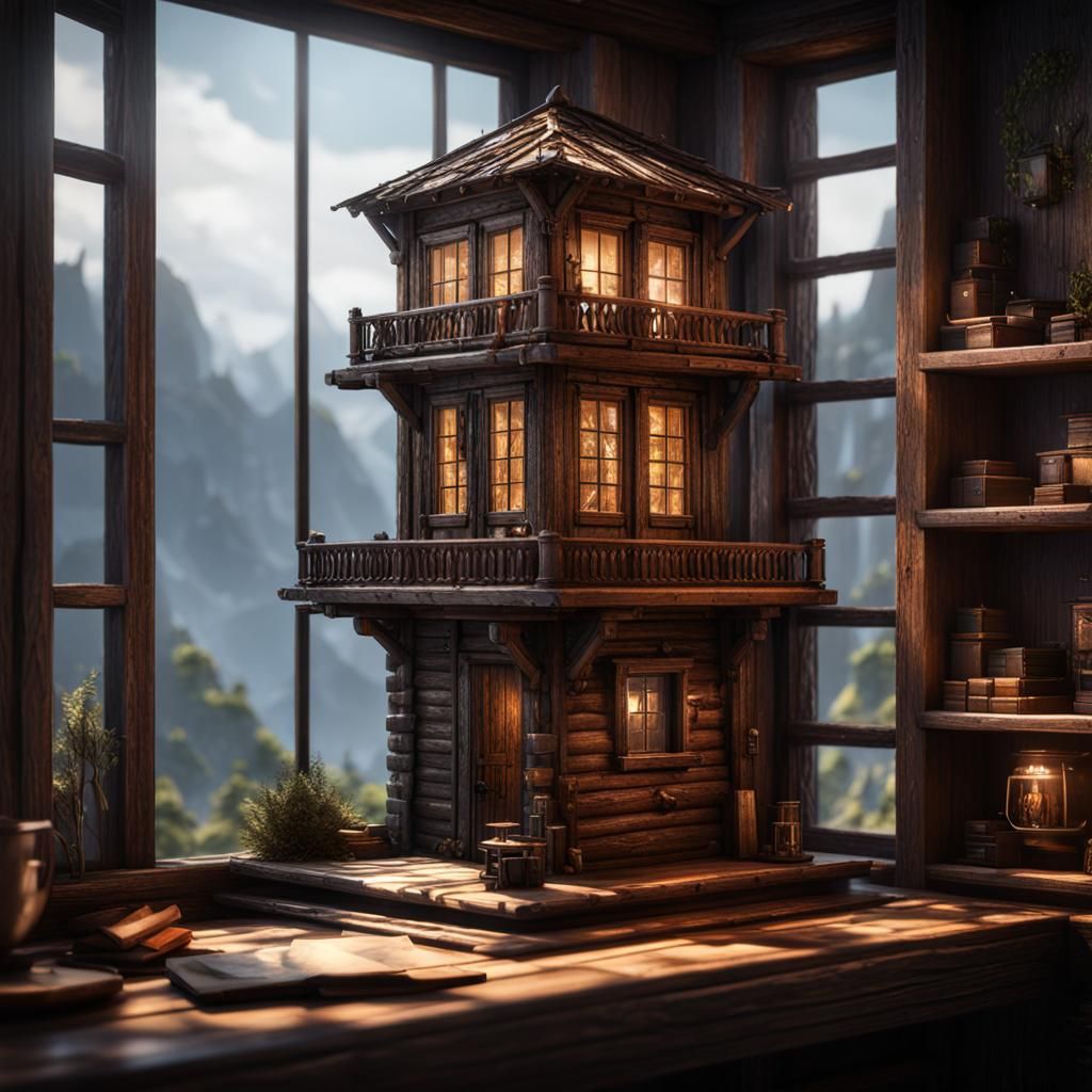 Miniature Watchtower Cabin Displayed with Dynamic Lighting