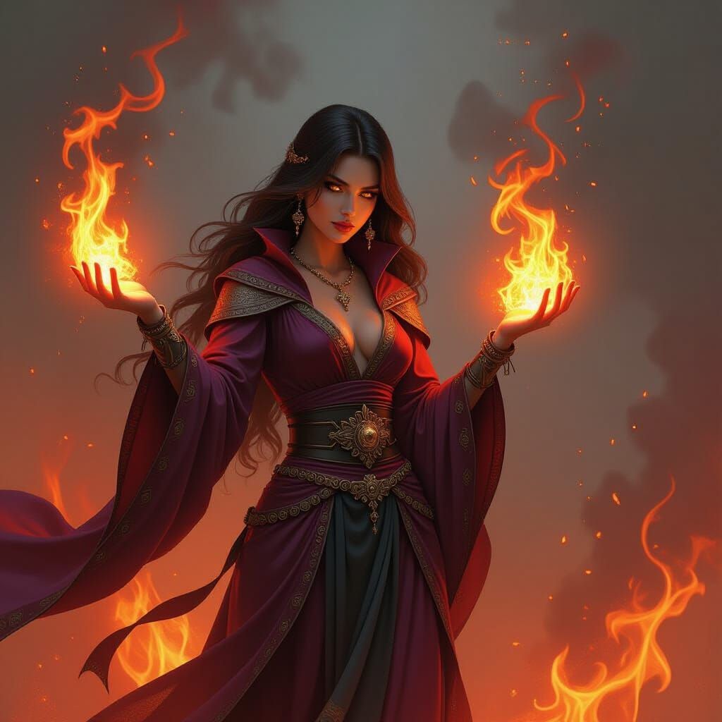Ethereal Fire Mage Sprays Flames in Dark Fantasy Style