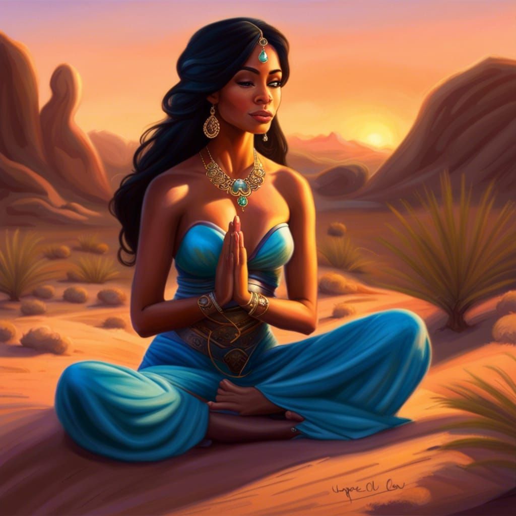 Princess Jasmine Meditates in Desert Sunset: Hyperreal