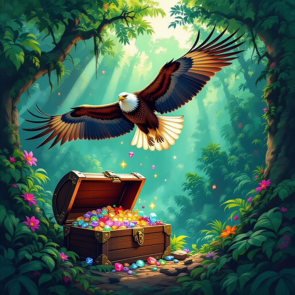 Iridescent Eagle Soaring Over Rainforest Canopy