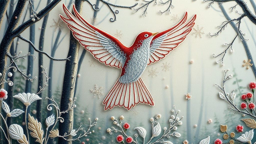 Ethereal Bird in Flight, Embroidered in Heavenly Style