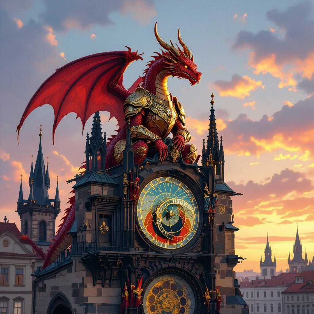 Red Dragon on Prague Clock in Syd Mead Style
