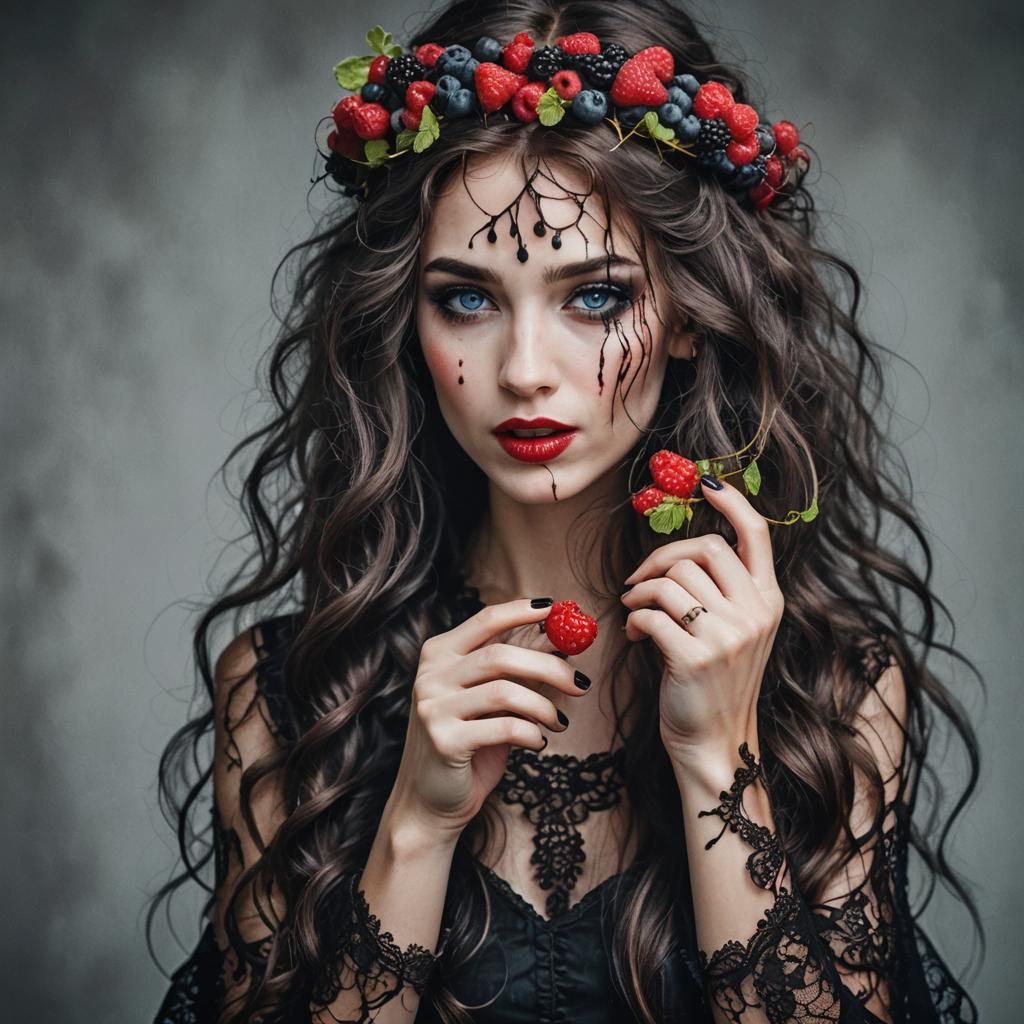 Woman in Black Lace Dress Eating Raspberries