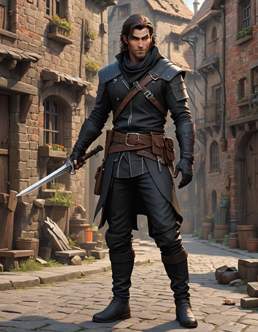 Charming Rogue in Medieval Slum, 3D Digital Art