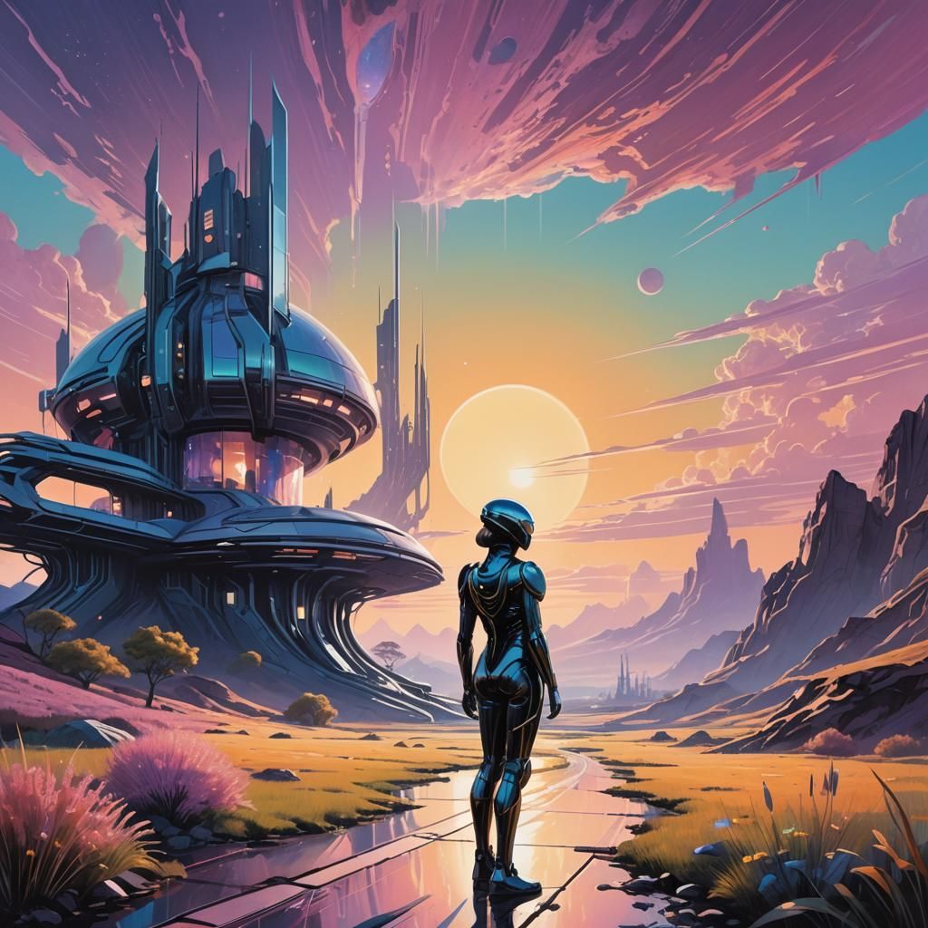 Sci-Fi Figure in Dreamlike Landscape, Pastel Colors