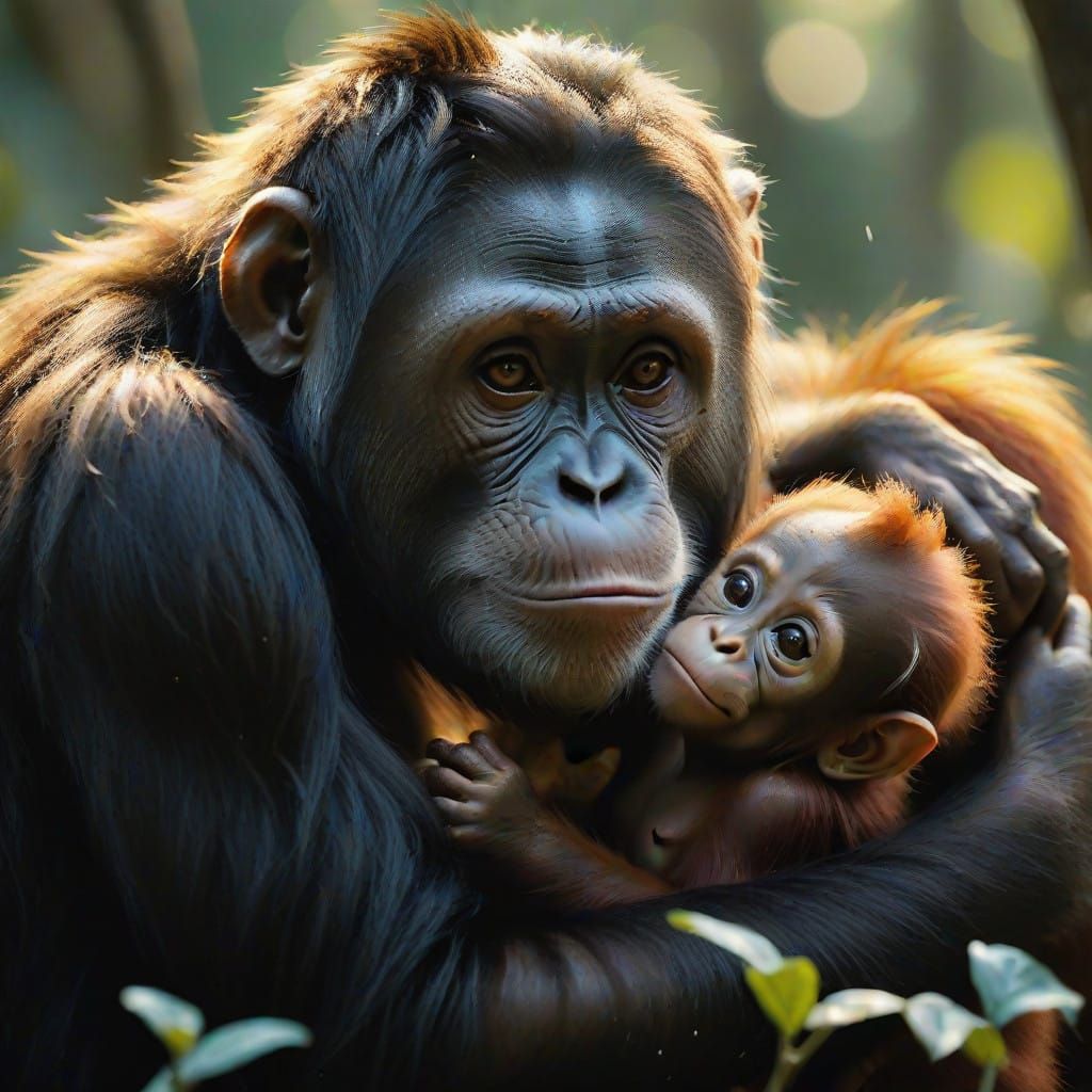 Mother Monkey and Baby Orangutan Share a Tender Moment