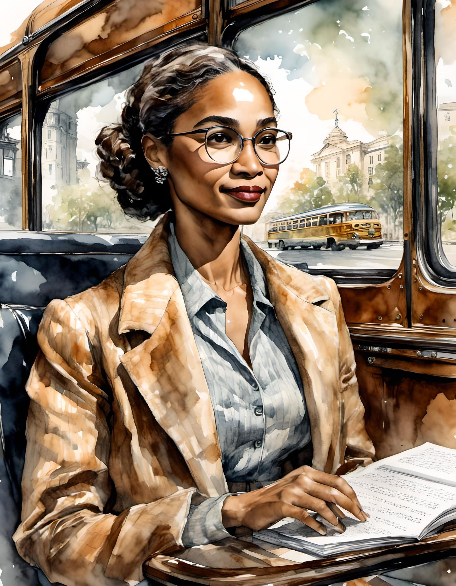 Inspiring Watercolor Portrait of Rosa Parks on Bus