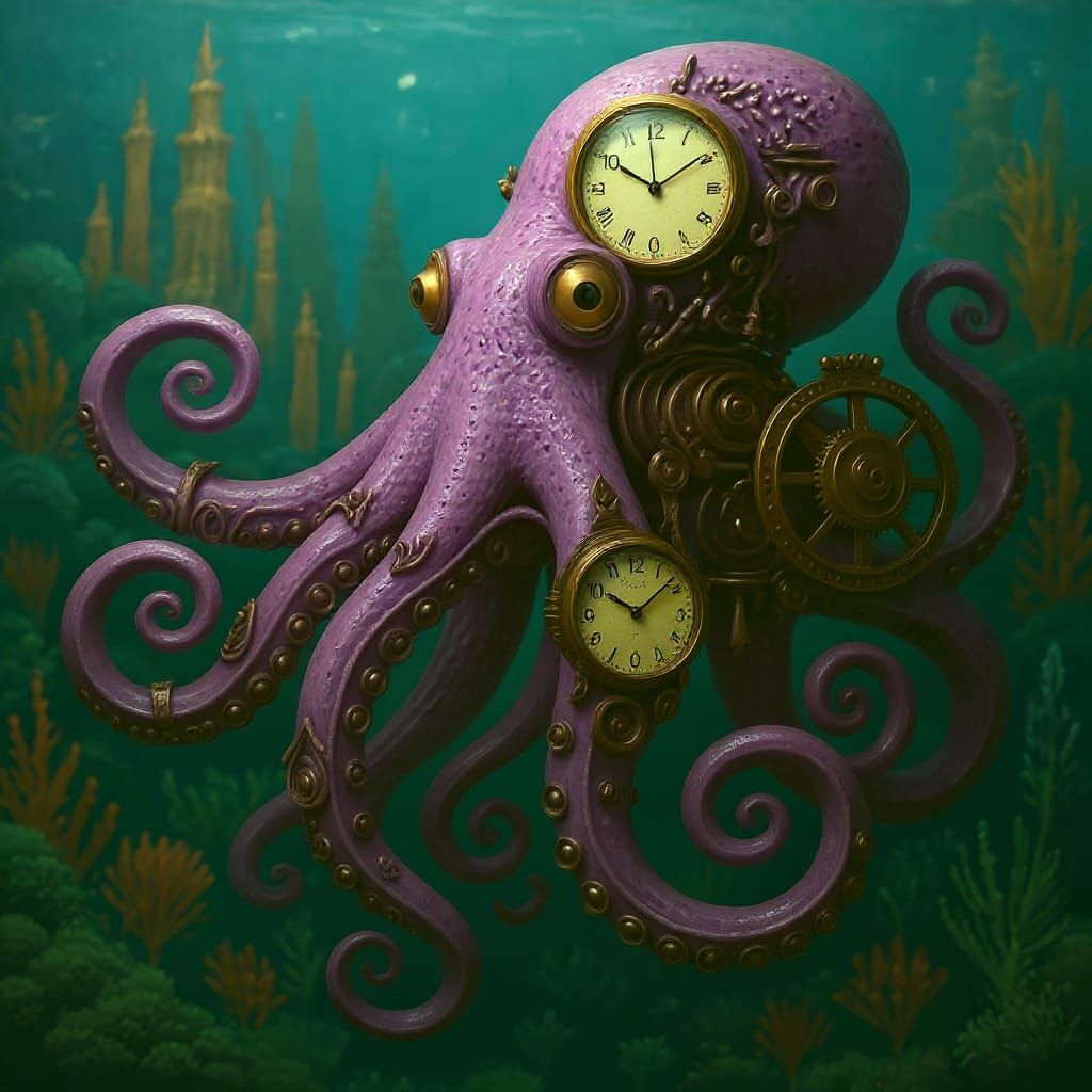Photorealistic Clock-Octopus with Transparent Skin