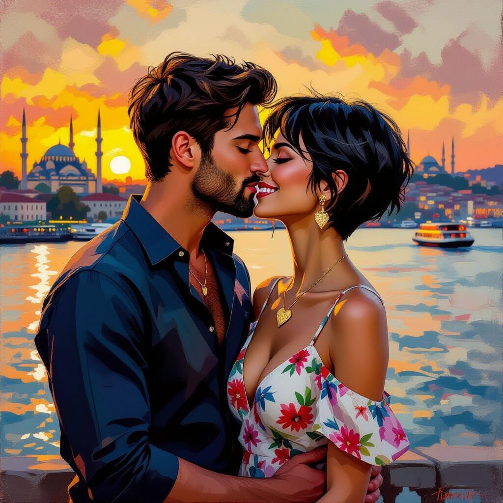 Couple's Tender Kiss by Bosphorus at Sunset