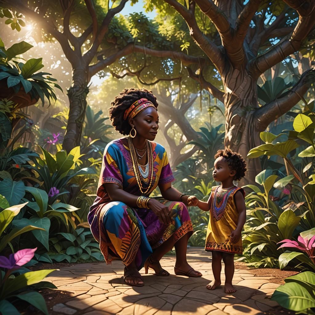 Mystical Garden: African Lady and Toddler, Digital Art
