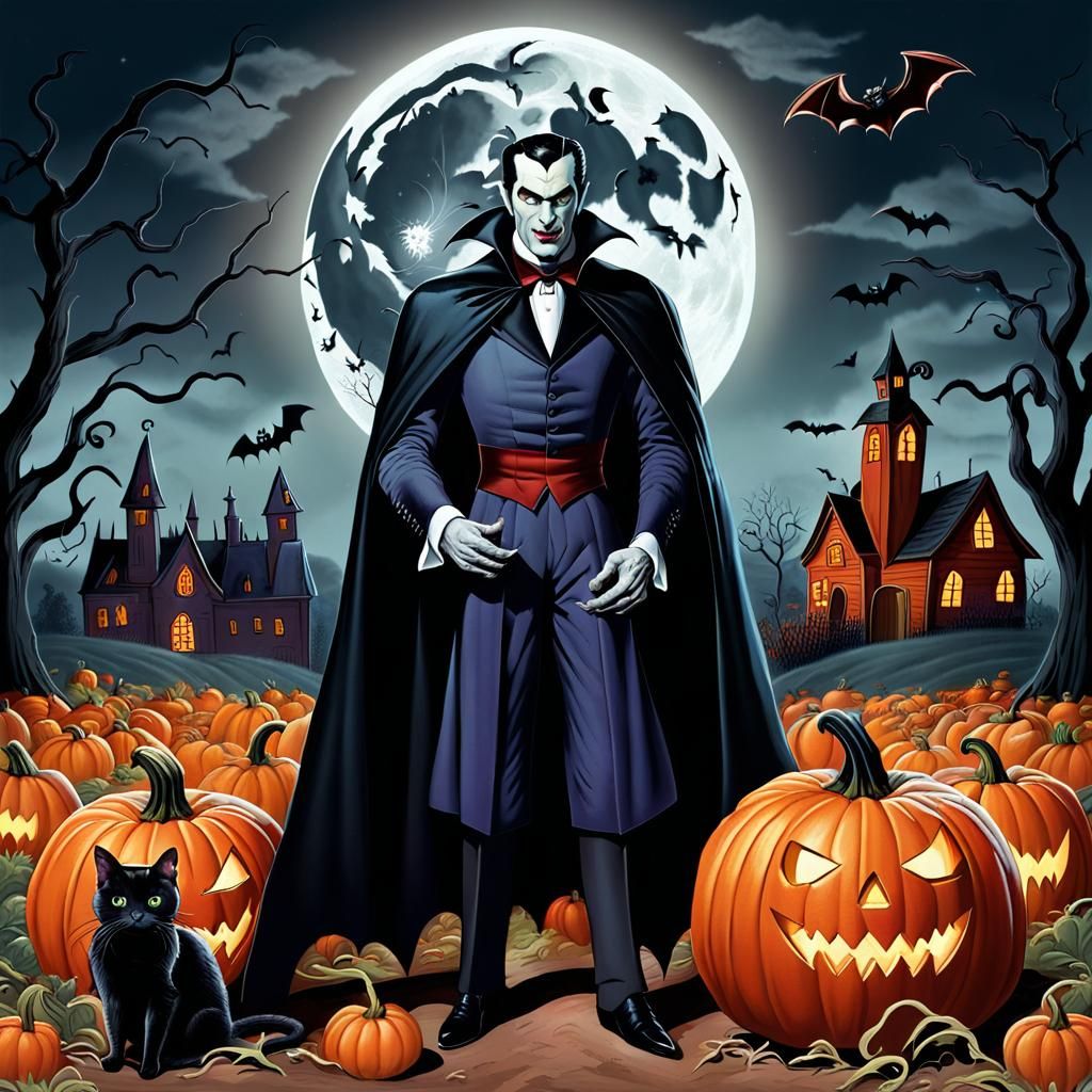 Dracula in Pumpkin Patch with Cat and Bat