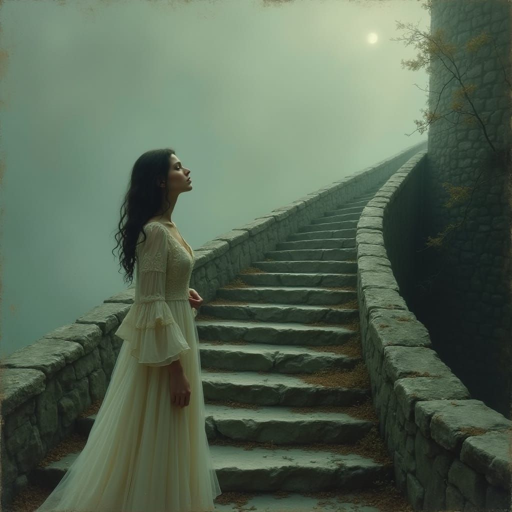 Contemplative Woman on Muted Stone Stairway in Victorian-Era...