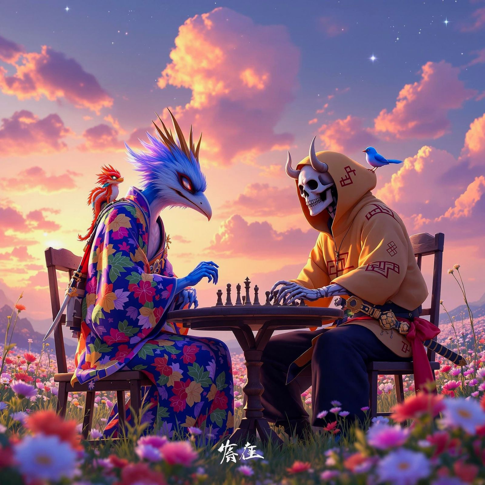 Blue Bird Samurai Plays Chess with Skeleton Knight Under Sun...