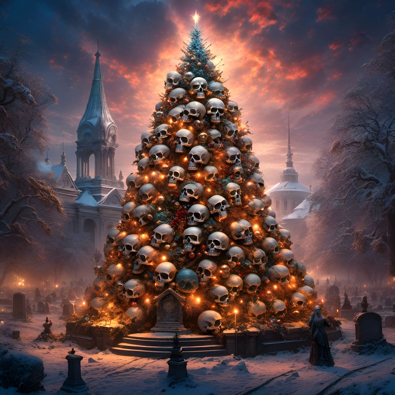 Skull Christmas Tree in Graveyard: Digital Illustration