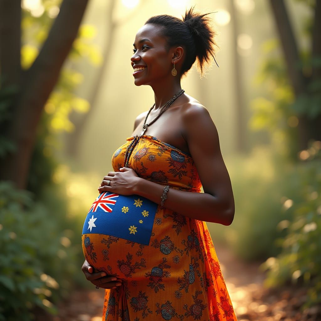 Pregnant Woman in Refugee Flag Dress: Fantasy Art