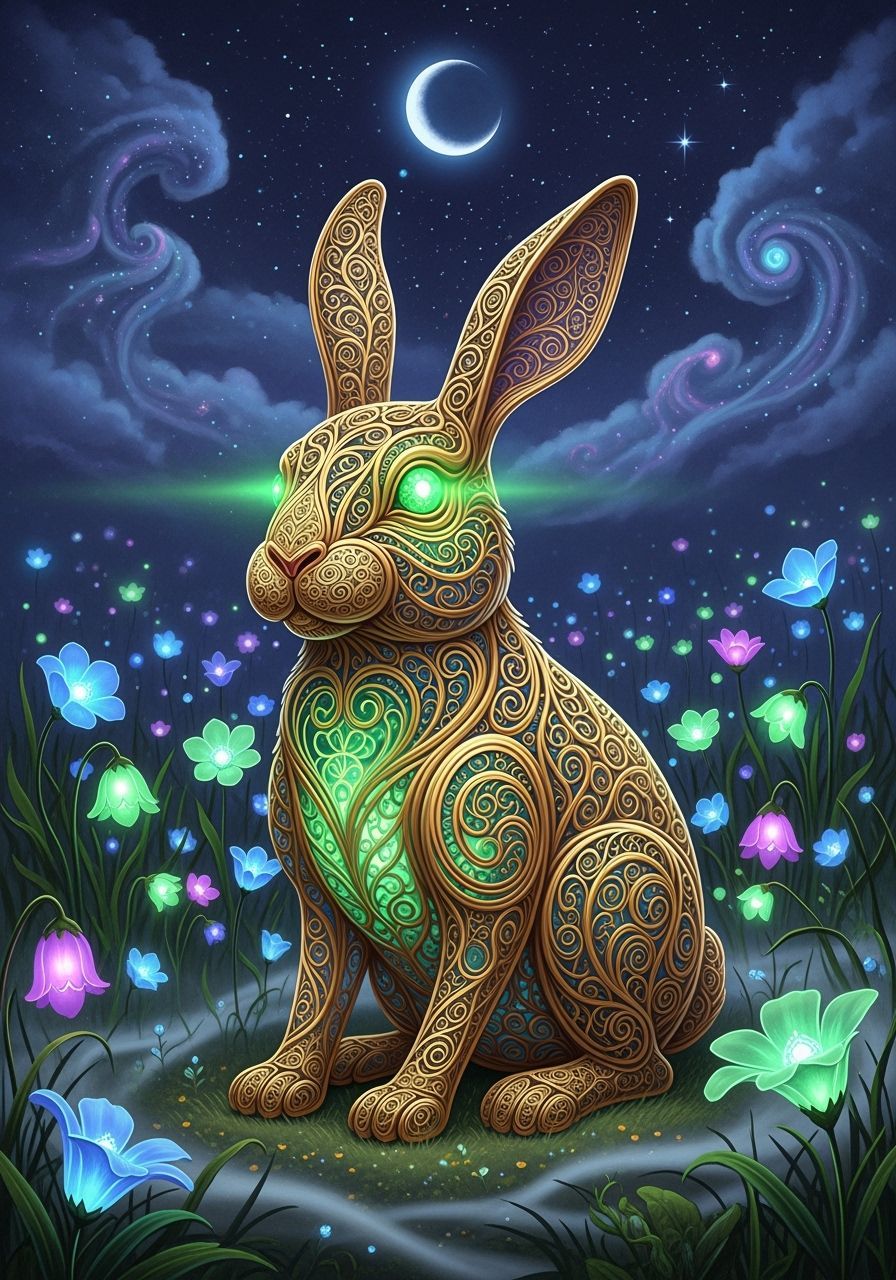 Golden Rabbit in Bioluminescent Flower Field