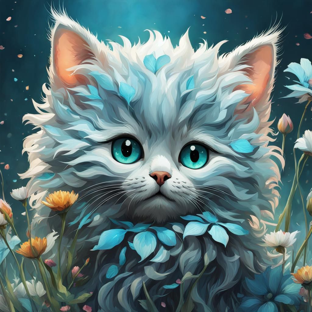Cute Cat with Flowers in Detailed Digital Art