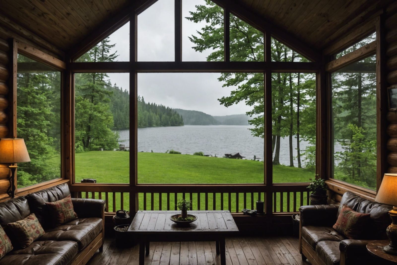 Cozy Lakeside Cabin View on a Rainy Summer Day