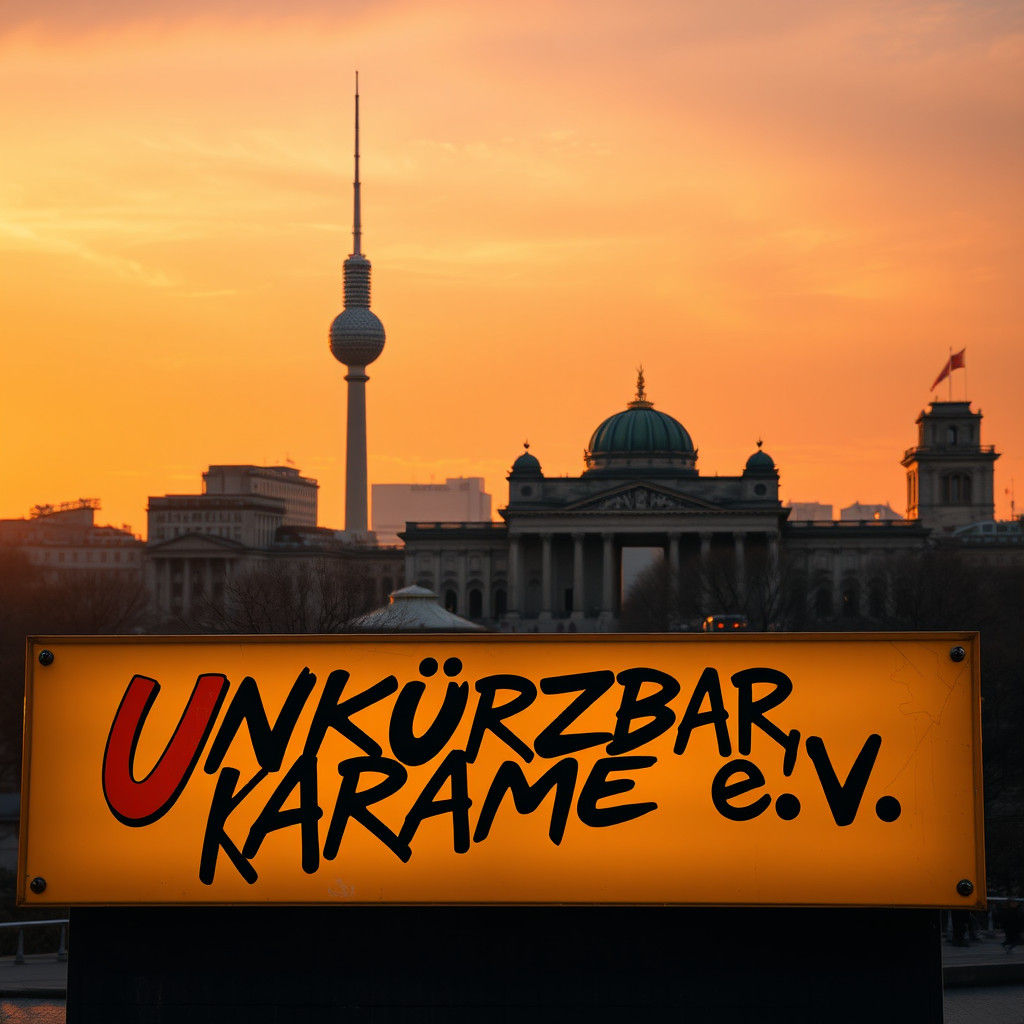 Berlin Sunset with Graffiti Sign in Hyperrealistic Style