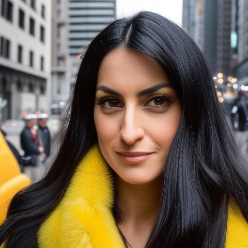 A beautiful 30yo Italian woman with long glossy black hair, centred in the frame, in ultra sharp focus close-up shot, mo...