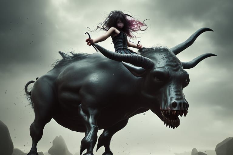 Girl toddler riding giant bull