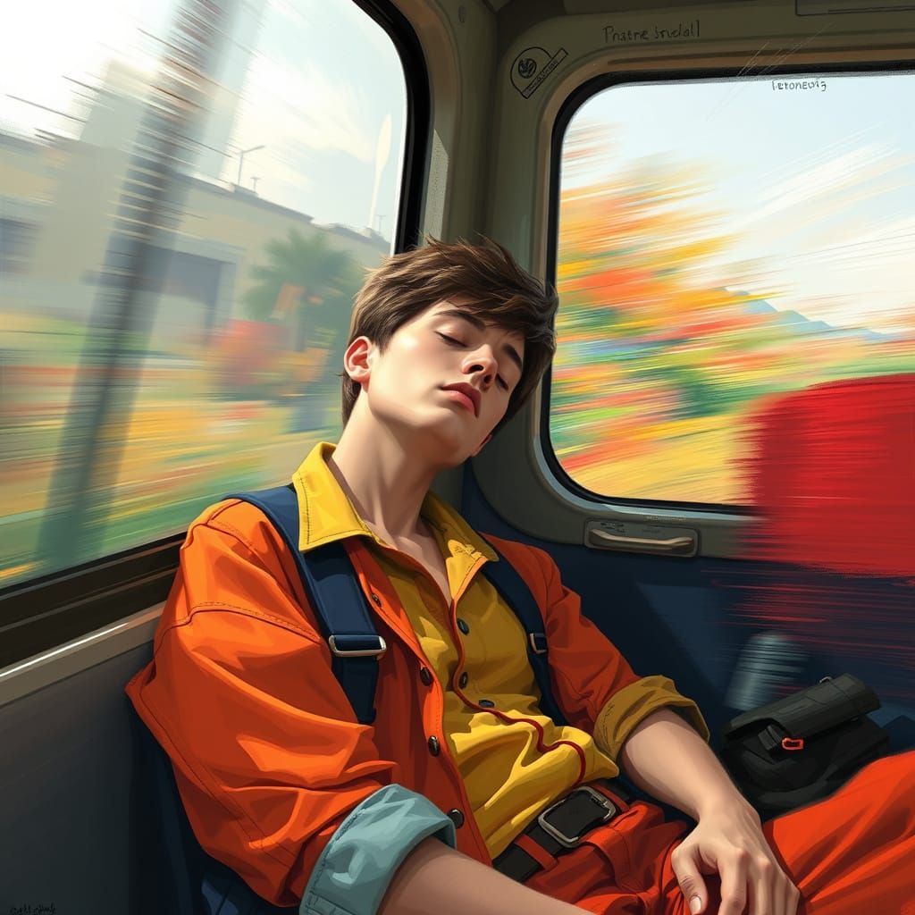 Vibrant Train Scene with Sleeping Traveler