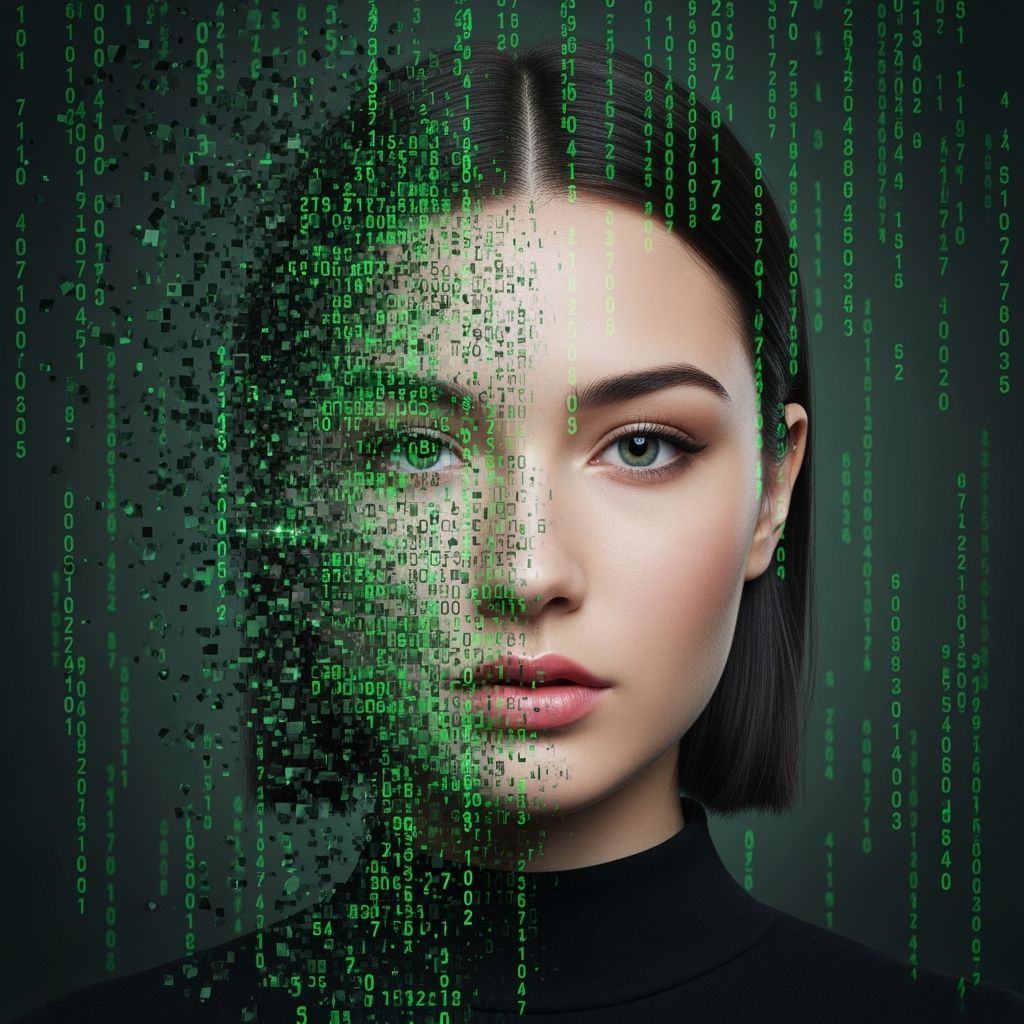 Glitched Digital Portrait of a Woman in Matrix Style